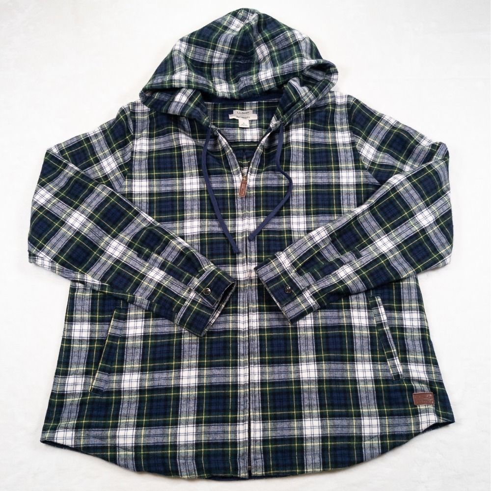 LLBEAN Scotch Plaid Flannel Hoodie Womens L Green Blue Full Zip Up Jacket